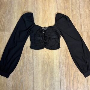 NWT Ruched Lace Up Square Neck Long Sleeve Crop Top Size S